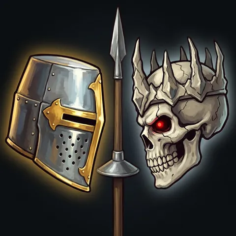 A knight's helm and a crowned skull, a lance between them